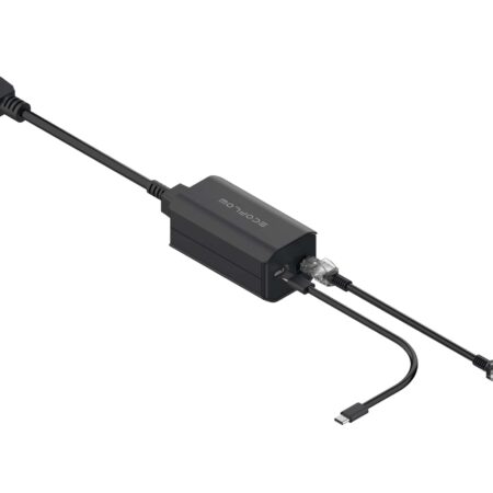 Power adapter with UK plug, USB-C charge cable, and Ethernet port for off-grid Wi-Fi and renewable energy systems.