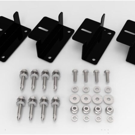 Black metal mounting brackets with screws and washers for off-grid solar power system installation. Suitable for renewable energy setups and durable outdoor use.
