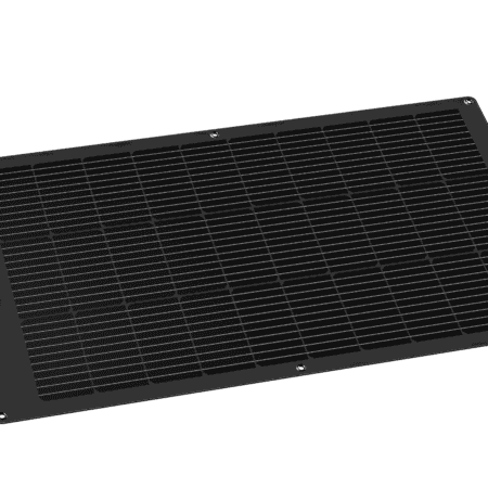 Flexible black solar panel for off-grid renewable energy solutions, ideal for sustainable living and portable power systems.