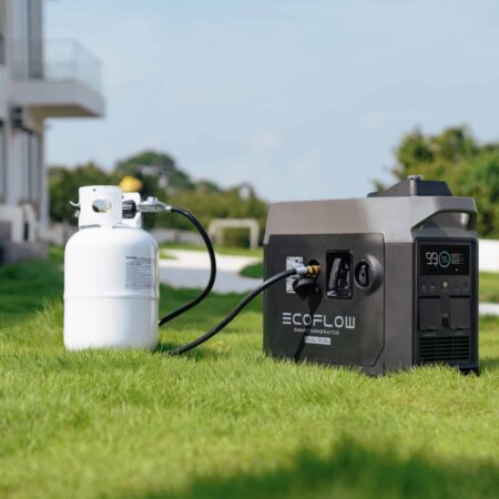EcoFlow portable generator with gas bottle on a lush green lawn, off-grid energy solution for sustainable living, backup power for remote homes and outdoor adventures.