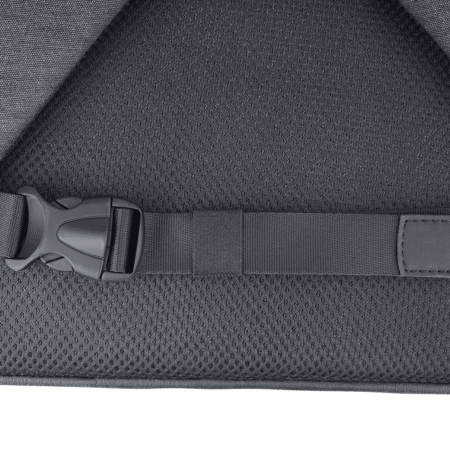 Lightweight black backpack interior with adjustable strap and buckle, highlighting durable fabric and ergonomic design for outdoor adventures and off-grid living.