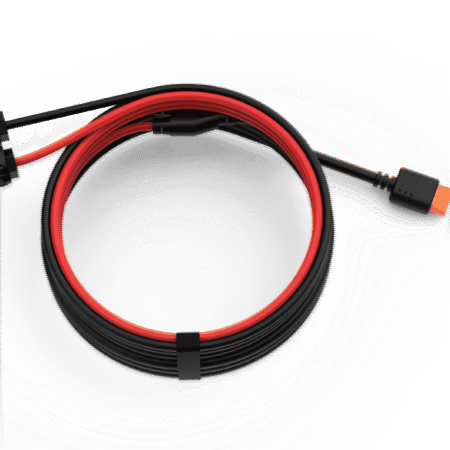 High voltage DC charging cable with red and black cables and connectors for electric vehicle charging.