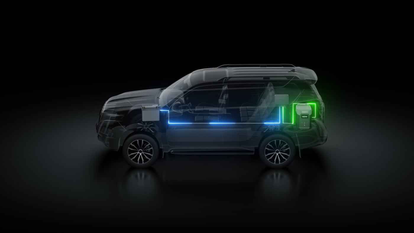 Licensed electric vehicle with battery storage and solar panel technology for off-grid renewable energy solutions.