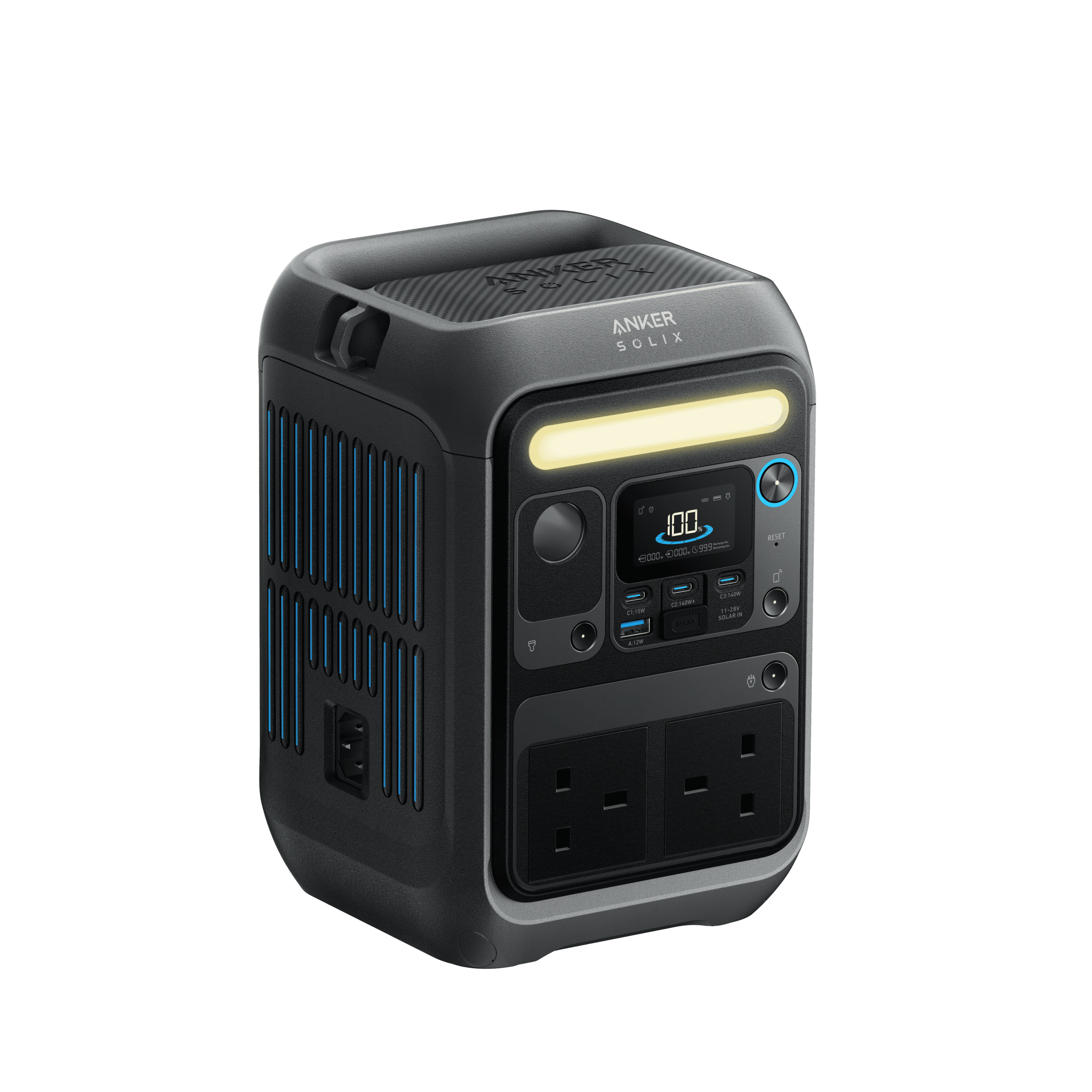 Portable off-grid power station with solar charging, ideal for outdoor adventures and emergency backup, featuring multiple AC outlets and USB ports.