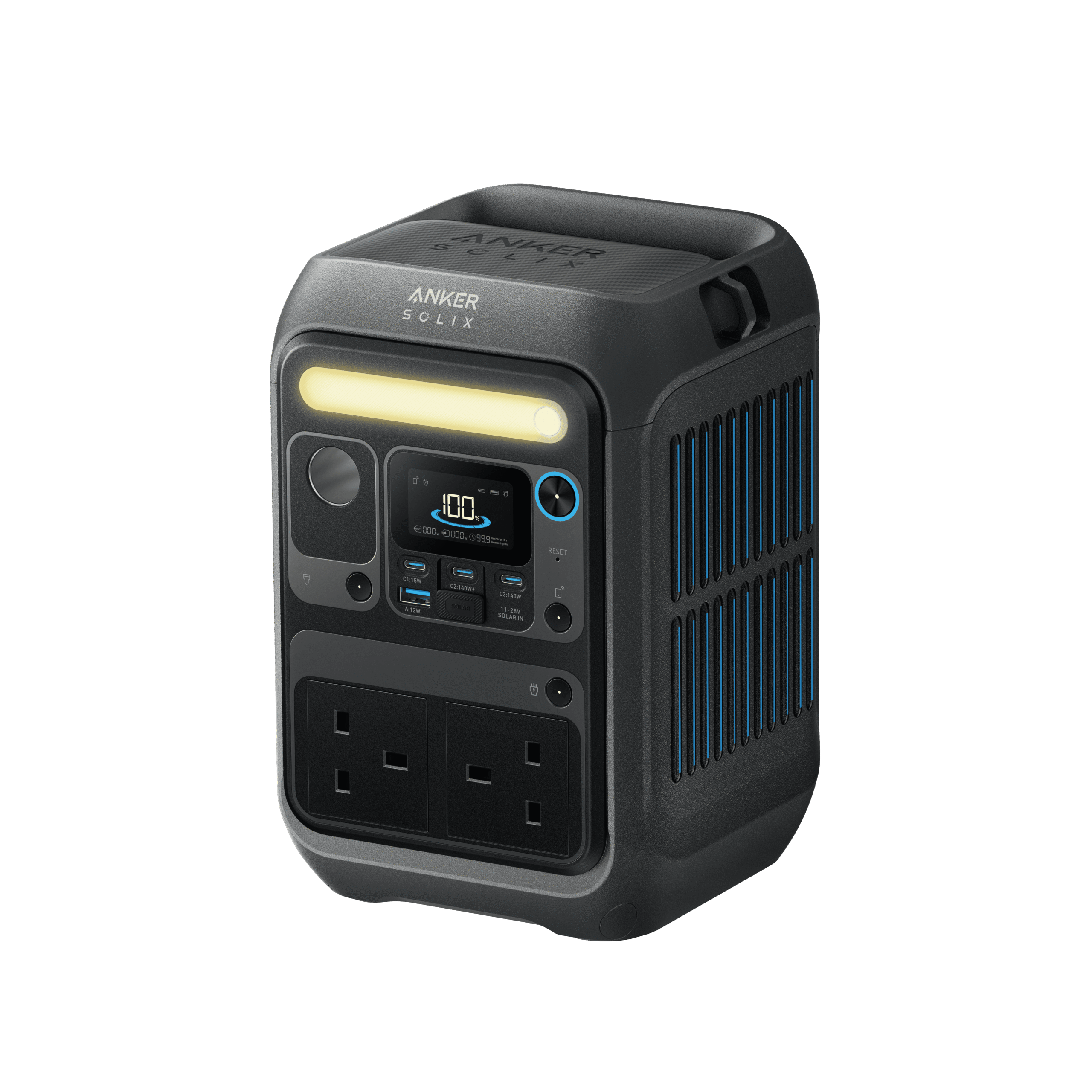 Portable power station with solar charging capability and multiple USB and AC outlets for off-grid energy solutions.