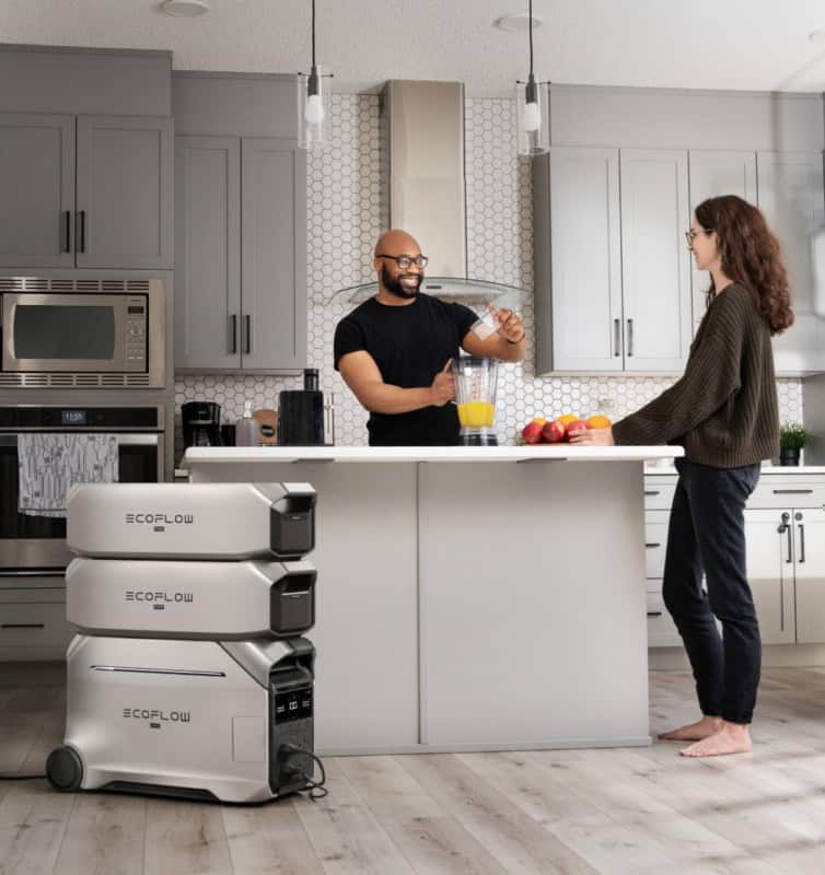 EcoFlow portable solar power generator in modern kitchen, off-grid energy solution, sustainable living, backup power, eco-friendly home, renewable energy technology.