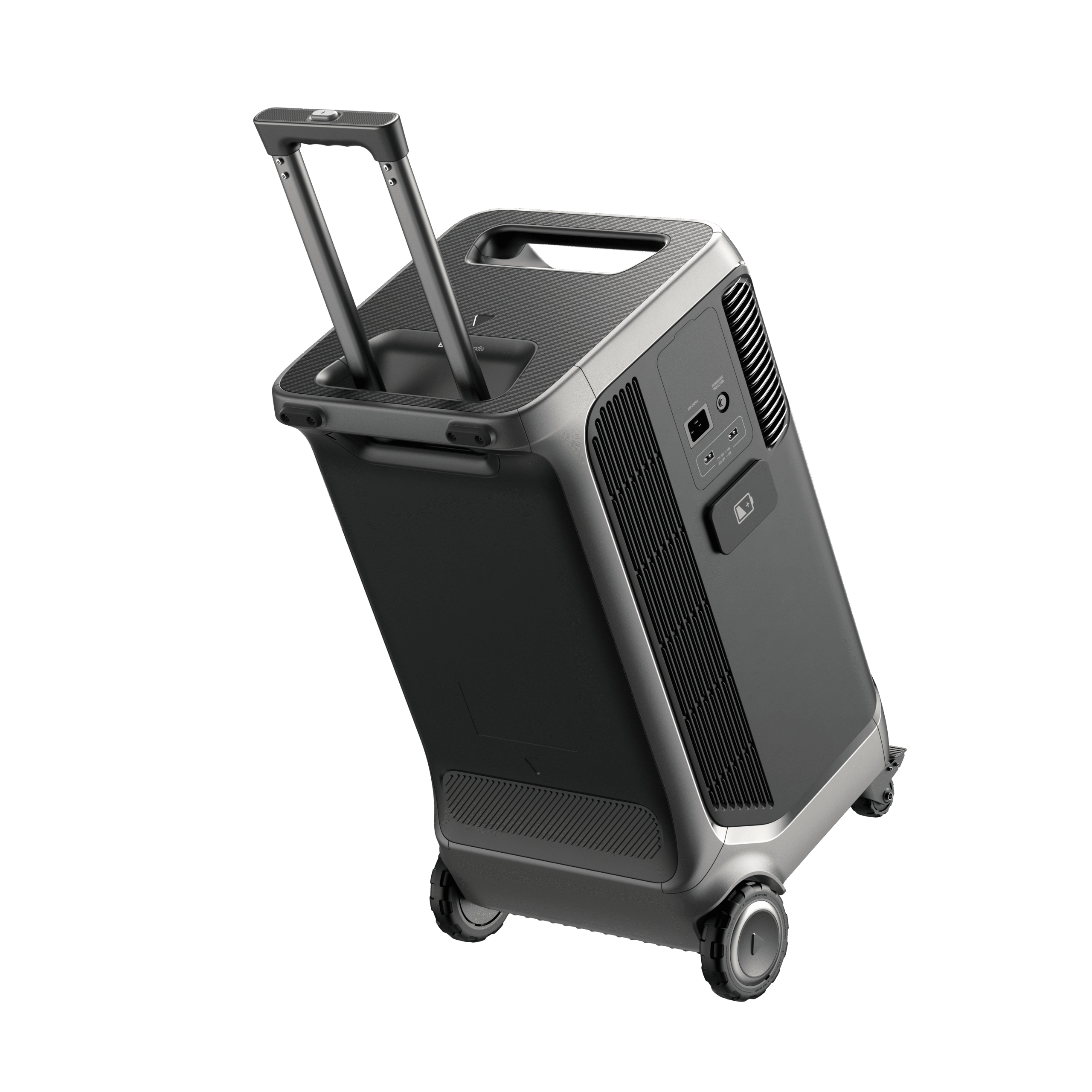 Portable air conditioning unit with adjustable handle and wheels, suitable for off-grid cooling solutions. Compact design ideal for sustainable outdoor living and portable power sources in off-grid environments.