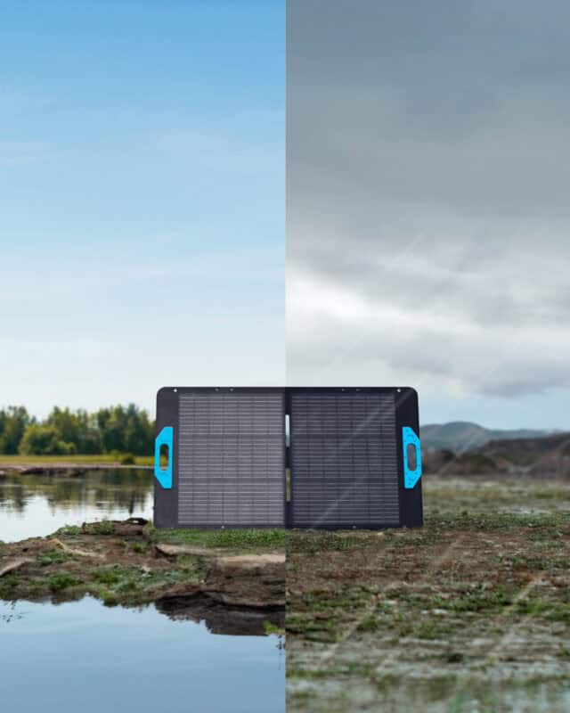 Off-grid solar panel set up in a natural landscape, demonstrating renewable energy, eco-friendly living, and off the grid energy solutions for sustainable lifestyle.