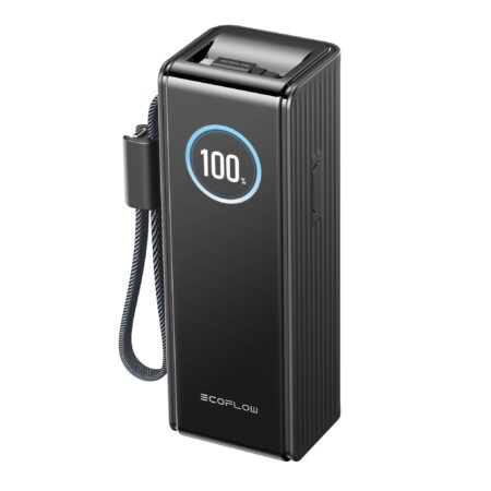 EcoFlow portable power station with digital display showing full charge, ideal for off-grid renewable energy solutions.
