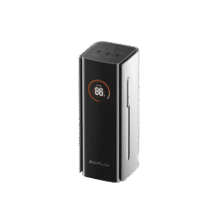 Compact EcoFlow portable inverter with digital display showing 86% battery, ideal for off-grid power solutions and sustainable living scenarios.