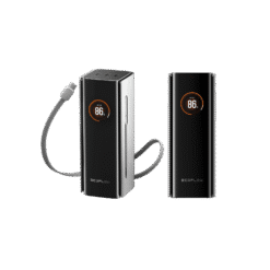 Rechargeable portable power bank with digital display showing 86% battery life, compact design, and fast charging capabilities for off-grid living.