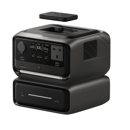 Portable off-grid power station with solar panel for renewable energy solutions, ideal for outdoor adventures and emergency backup, featuring multiple USB and AC outlets.