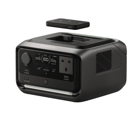 Portable solar power generator with multiple USB ports and AC outlet for off-grid living.