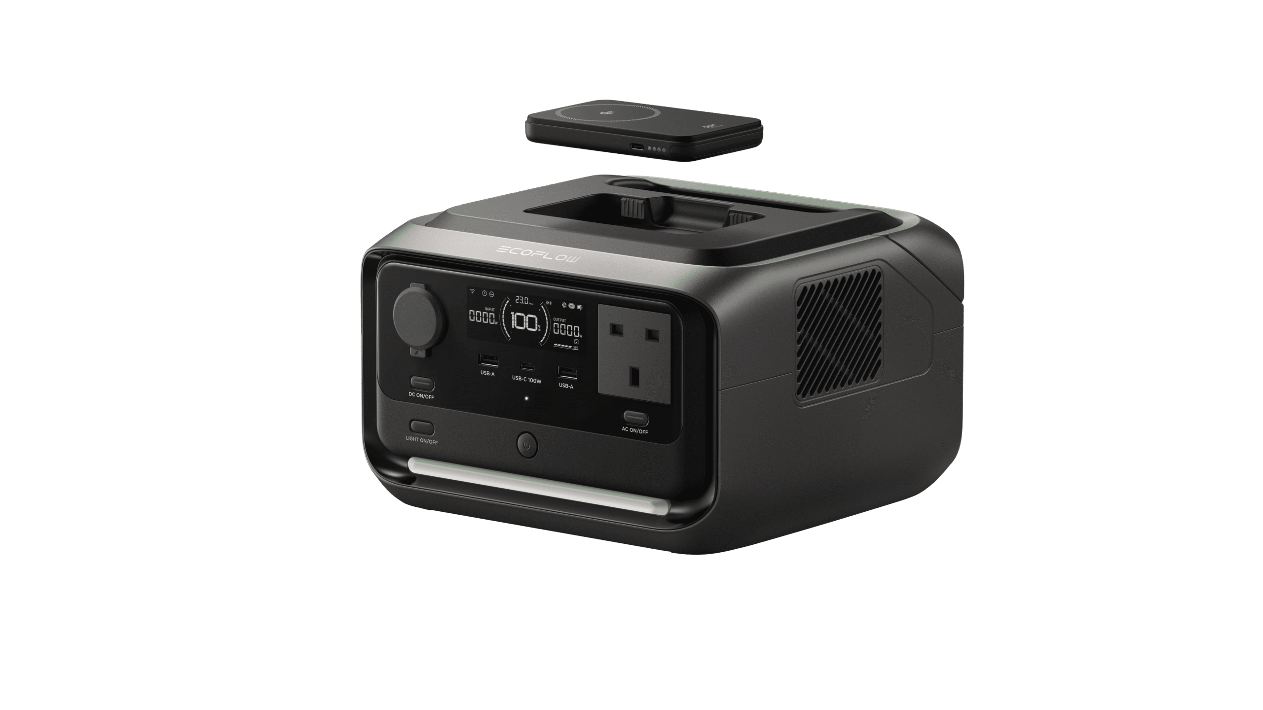 Portable solar power generator with multiple USB ports and AC outlet for off-grid living.