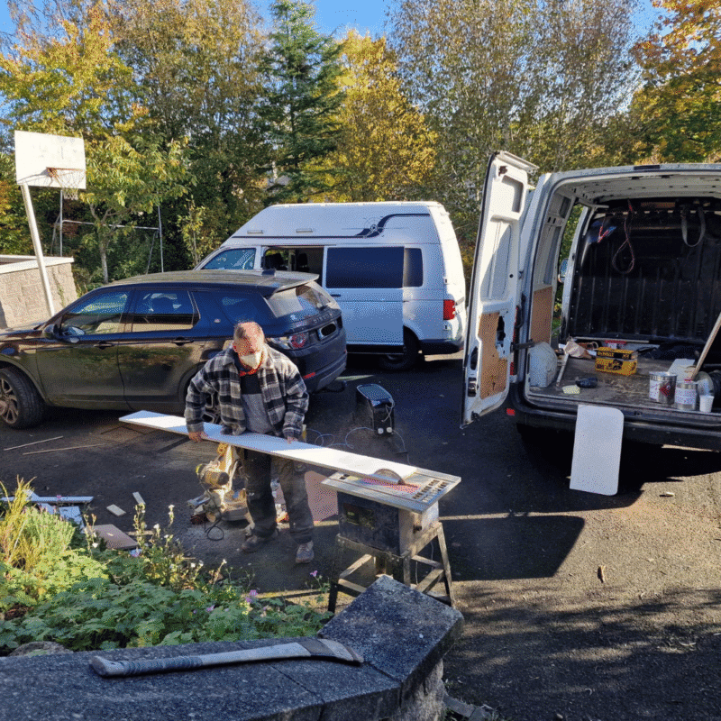Cabinet maker cutting wood during a kitchen fit-out powered by the EcoFlow DELTA Pro 3 in Ireland.