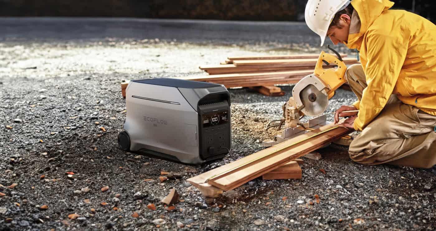 EcoFlow Delta Pro 3 portable power station powering tools on a construction site.