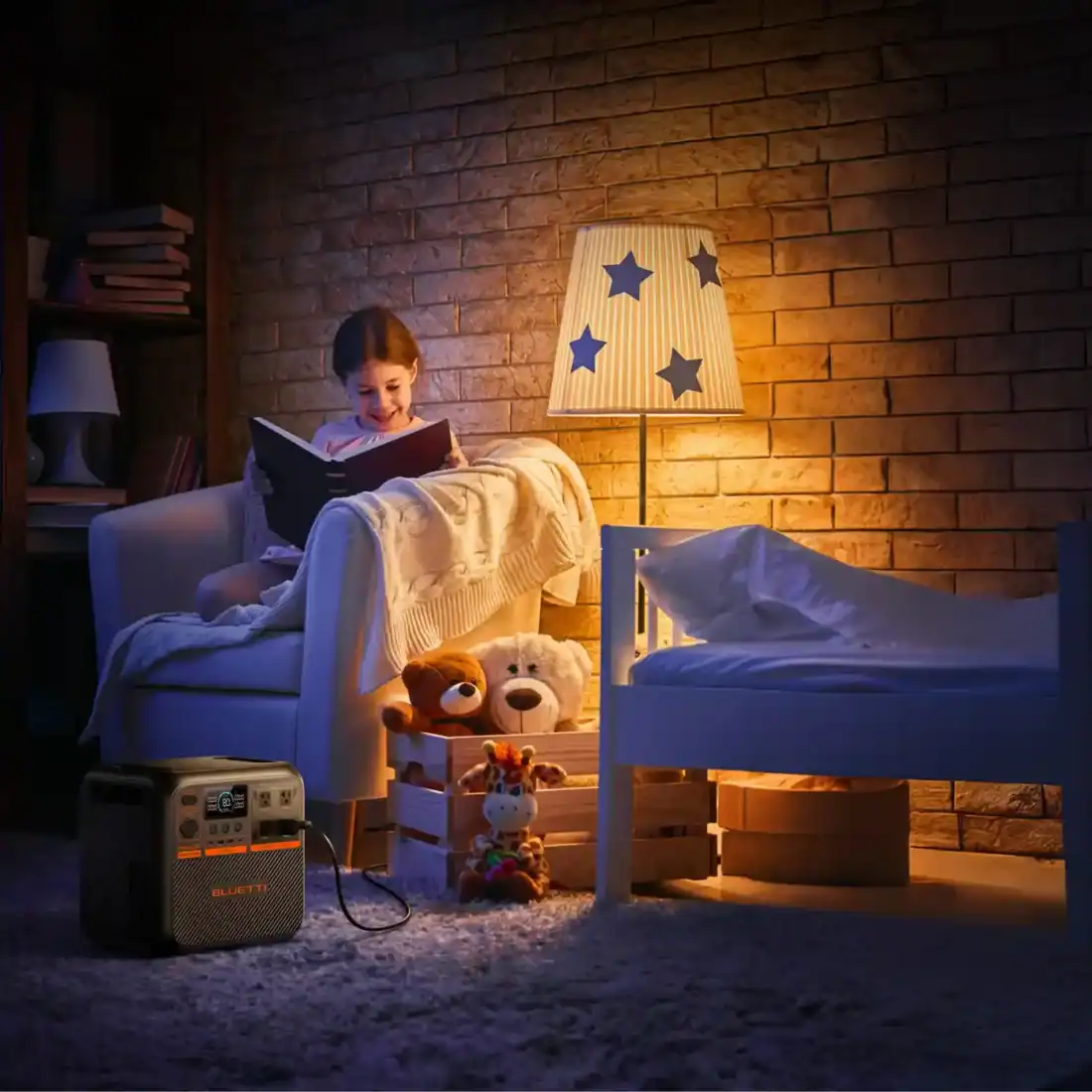 Bluetti Premium 200 V2 Portable Power Station powering a lamp during a home power outage – clean, silent backup energy in Ireland.