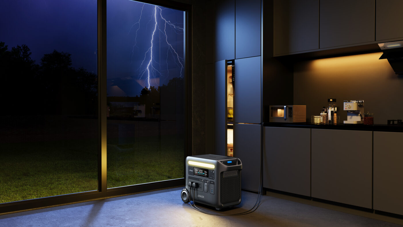 Anker F2000 portable power station providing backup power during a power cut.