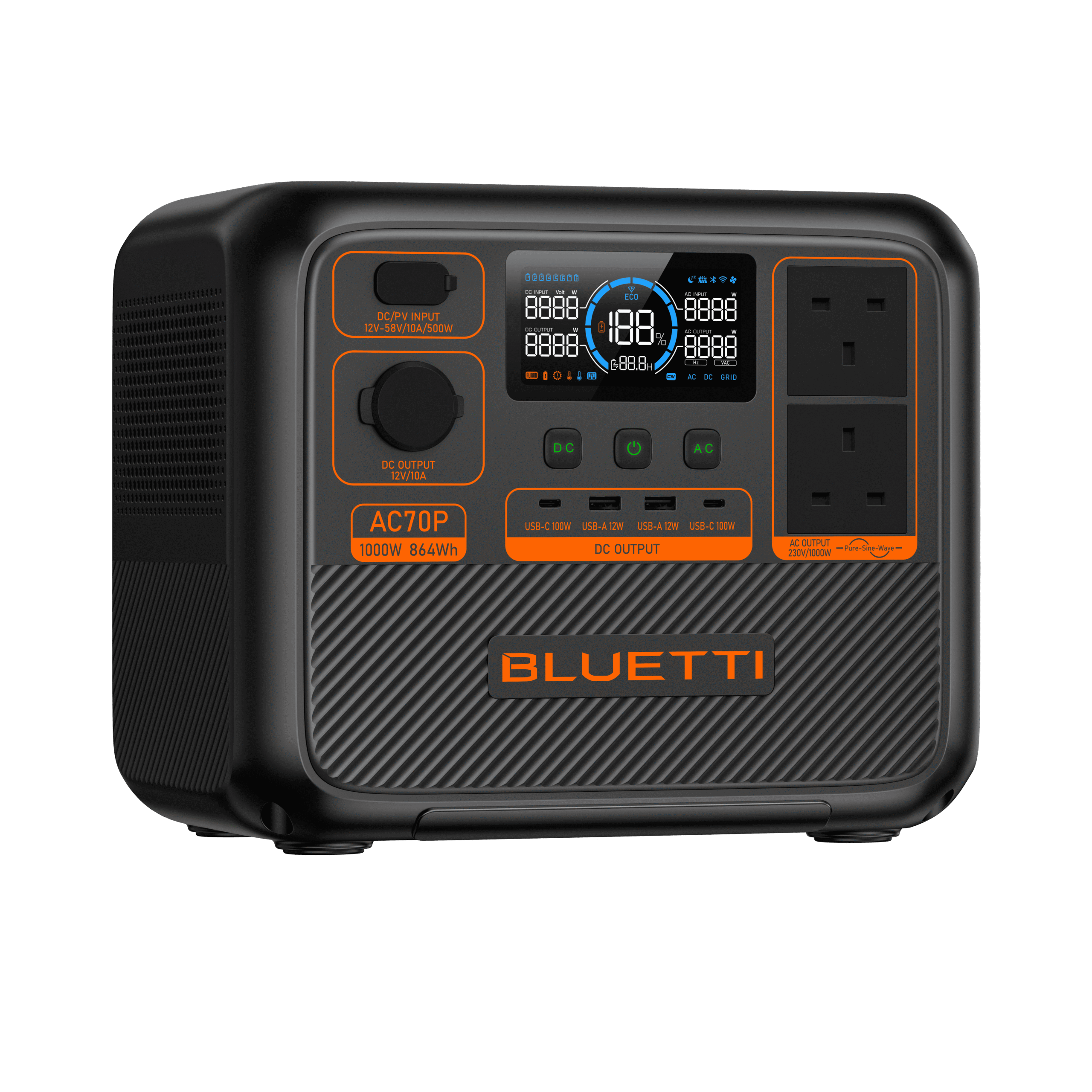 Portable solar power station with multiple USB ports, AC outlets, and digital display, ideal for off-grid energy solutions and outdoor camping.