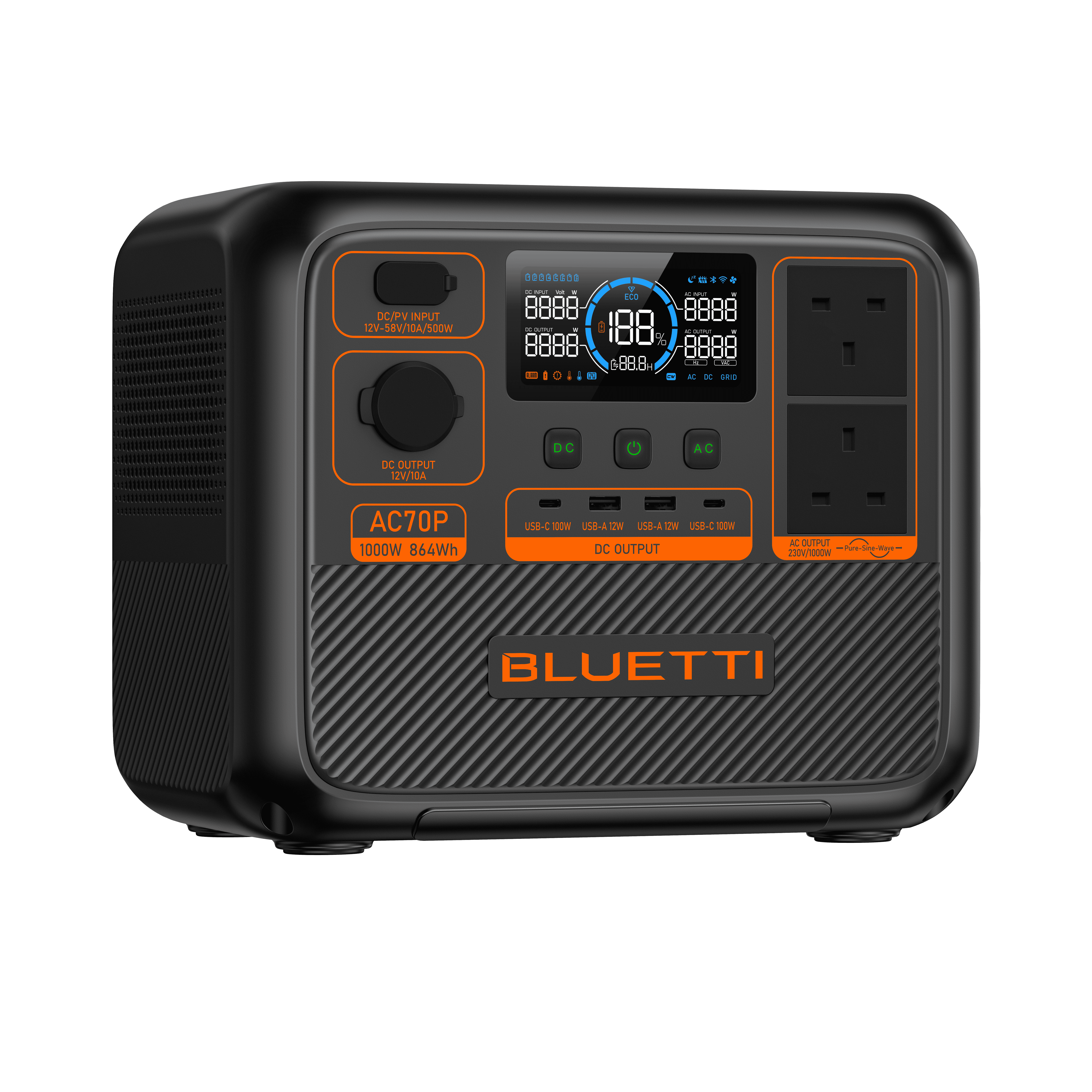 Portable solar power station with multiple USB ports, AC outlets, and digital display, ideal for off-grid energy solutions and outdoor camping.