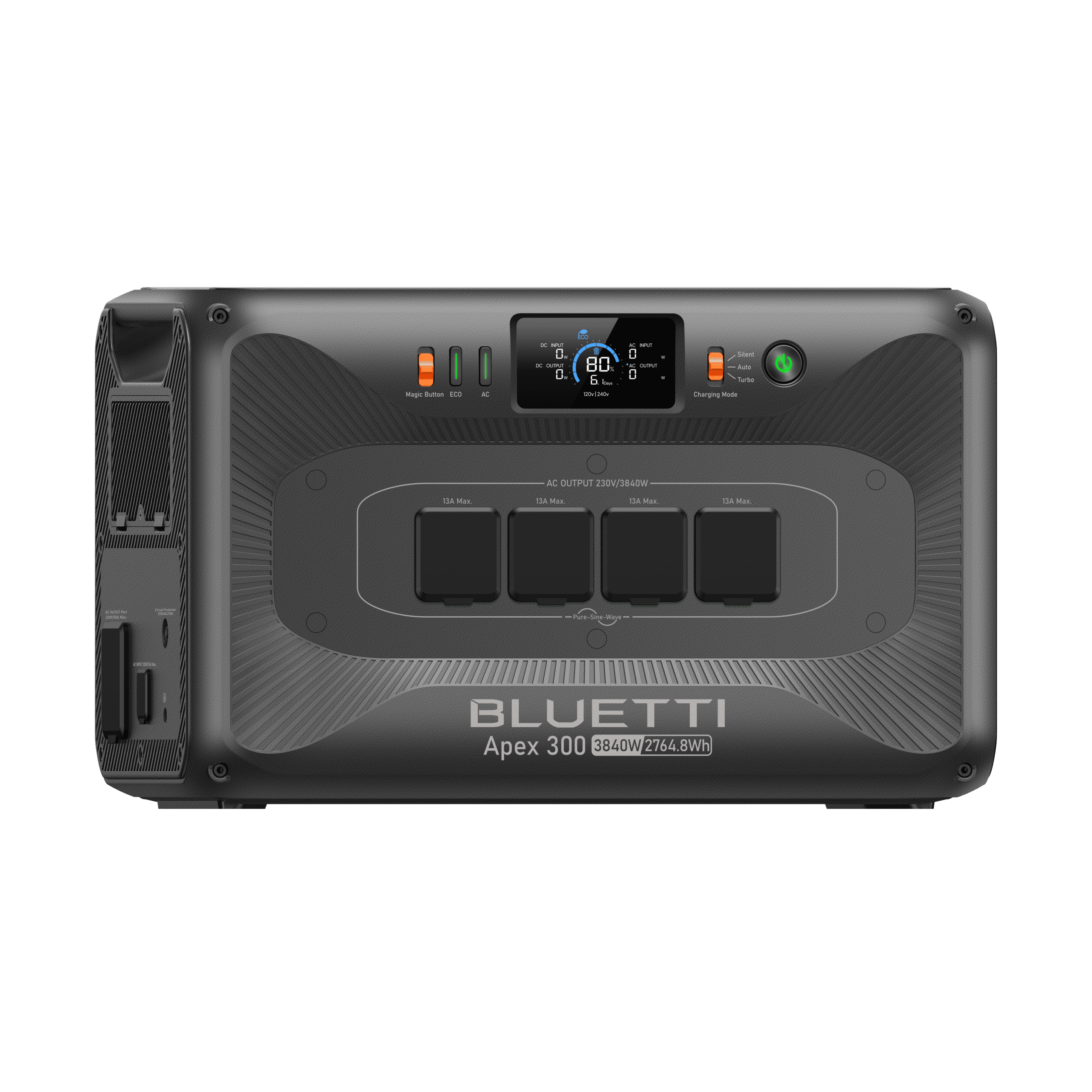 Bluetti Apex 300 portable power station front view – 2.7kWh LiFePO₄ battery with 230V AC outlets, Ireland.