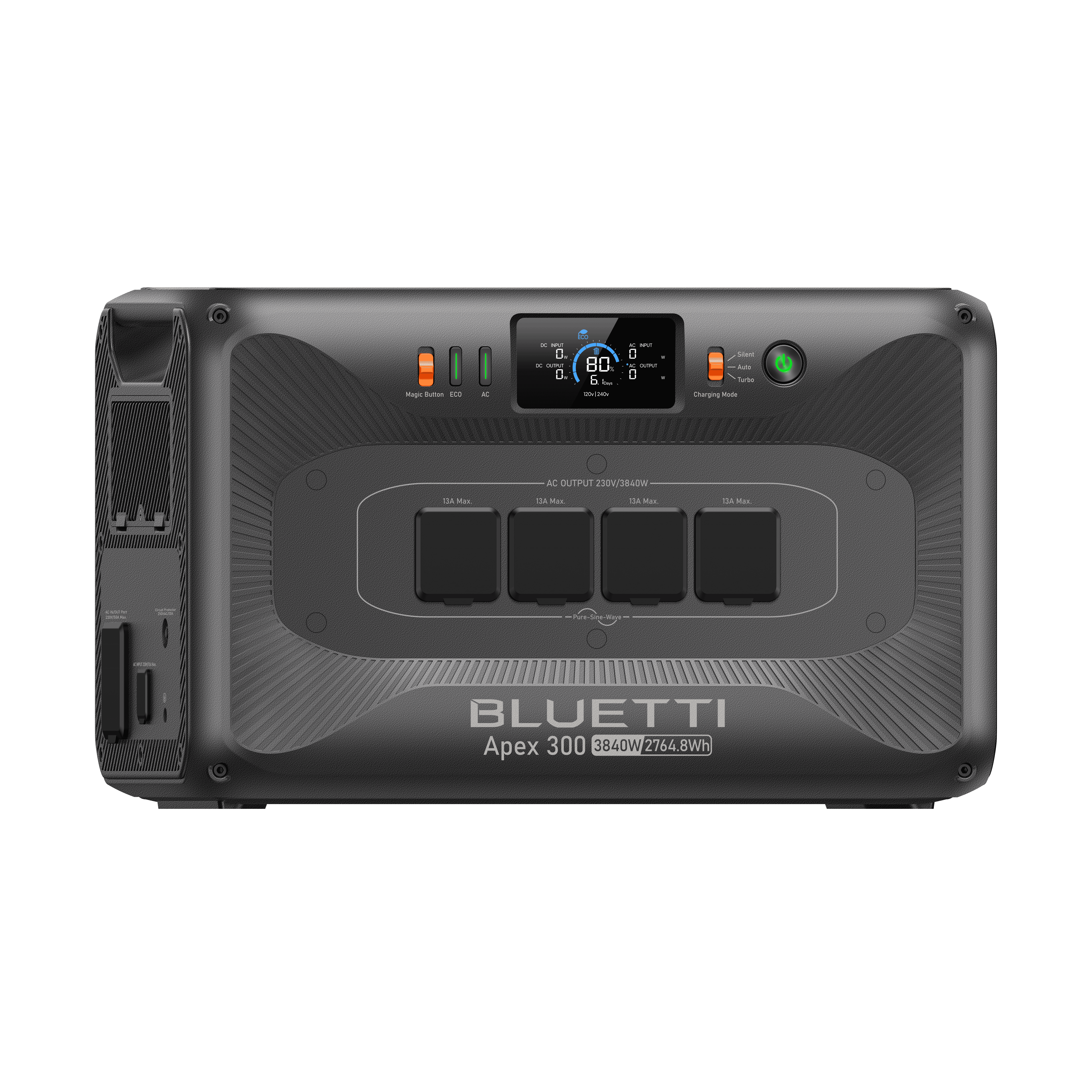 Bluetti Apex 300 portable power station front view – 2.7kWh LiFePO₄ battery with 230V AC outlets, Ireland.