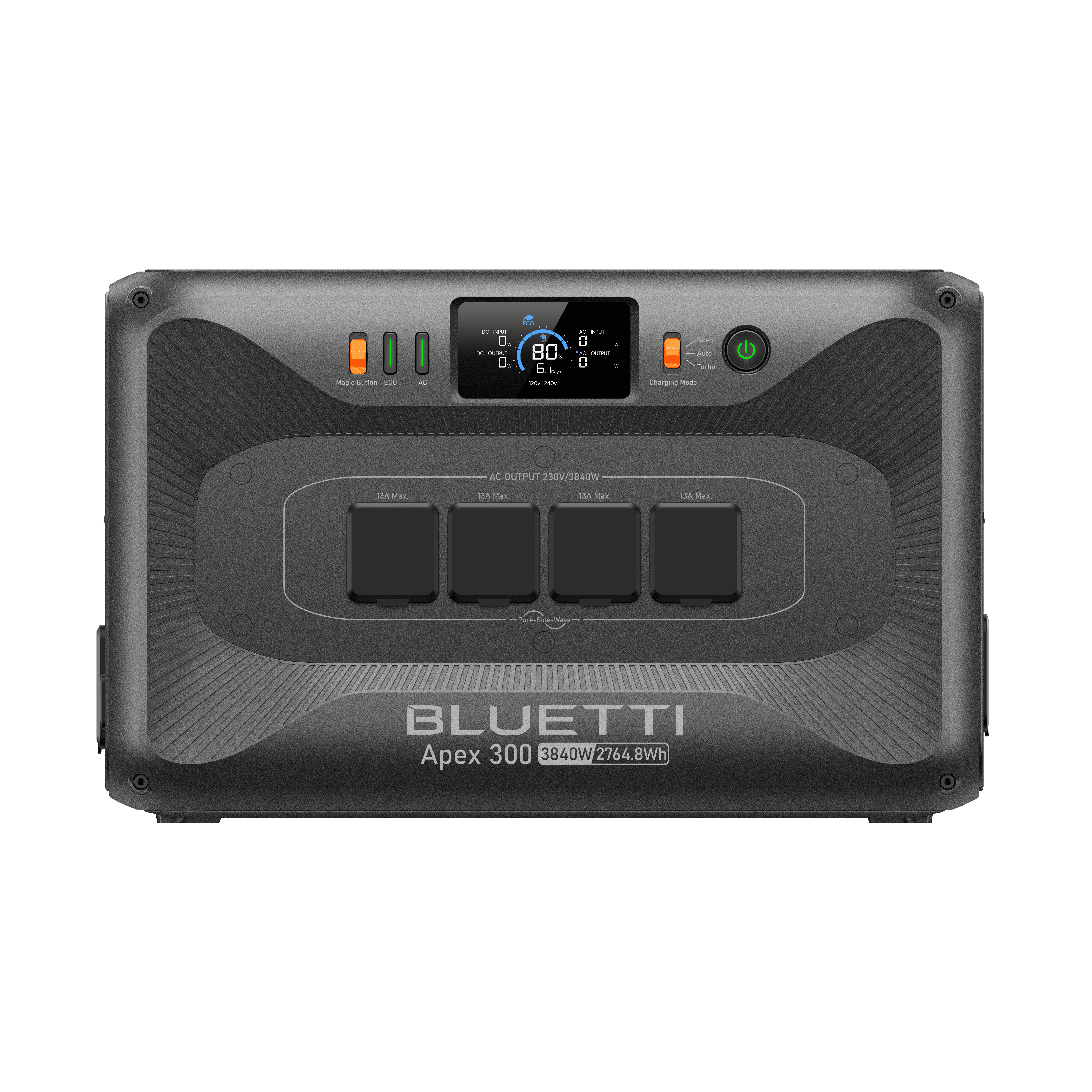 Bluetti Apex 300 portable power station with 230V UK socket covers closed – safe design for Ireland.